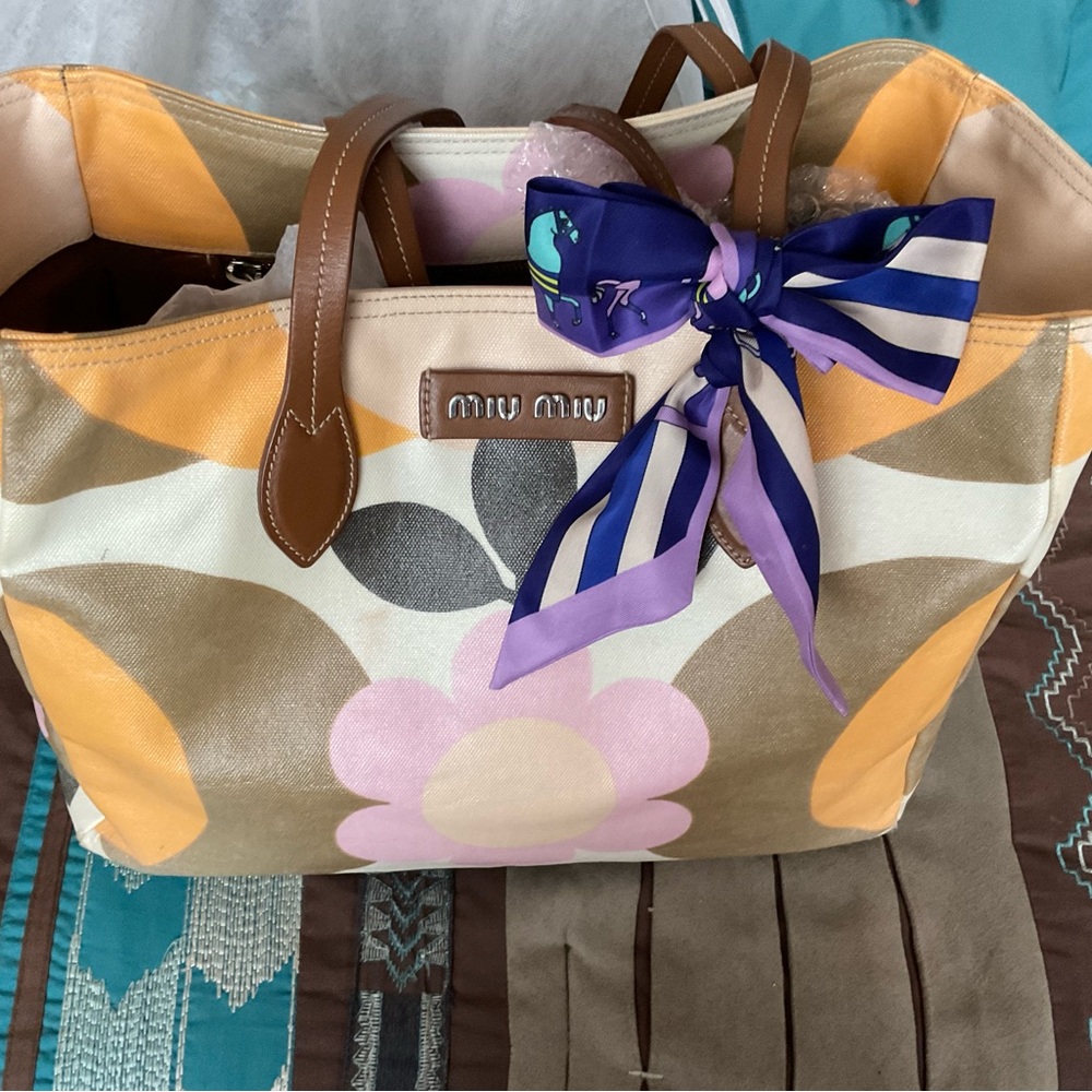 Authentic MiuMiu Orange and Cream Tote
